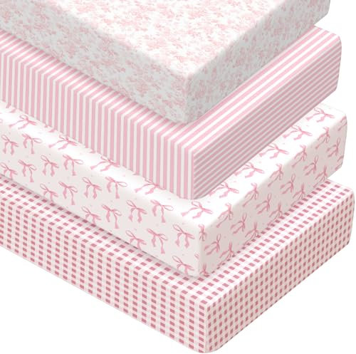 Peryiter 4 Pack Crib Sheets Girl Soft Baby Bed Sheet Set 52'' x 28 Nursery Crib Sheets for Standard Bed for Nursery Decor Baby Boys or Girls(Pink,Coquette Bow)