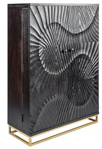 Licht-Erlebnisse Barschrank Schwarz Gold Handarbeit Mangoholz Metall 95 x 141 cm (BxH) 3D-Front Hausbar Bar Schrank Highboard Wohnzimmer