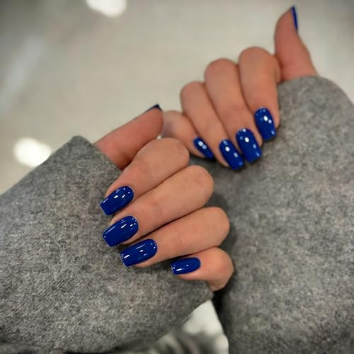 KQueenest Königs Blau Press On Nails Mittel Eckig, Sarg Nägel zum Aufkleben Kurz, Glänzende Jelly-Gel Fake Nails Fingernägel zum aufkleben Ballerina, Einfarbig Acryl Kunstnägel für Frauen, 24 Stück