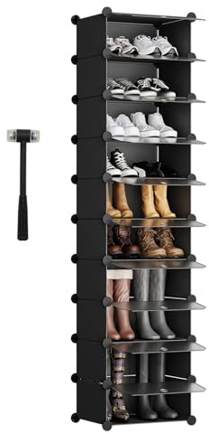 Sekey Schuhregal 10 Etagen, Schuhschrank Platzsparend Kunststoff, Schuhregal Schmal für Flur Schlafzimmer Eingang Umkleidezimmer - 43 * 31 * 173cm，Schwarz und Transparent