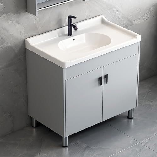 SdaryWare Mobile Bagno con lavabo in Ceramica, lavabo Indipendente con Rubinetto per Acqua Calda e Fredda, lavabo con lavabo, per Lavanderia e ripostiglio, Cucina, B,Light Grey-81x48cm/31.5x18.9in