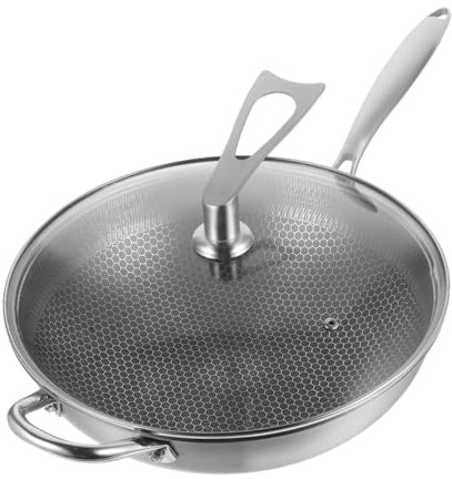 Warmhm Padella Wok in Acciaio Resistente Con Rivestimento Nido D'arnia Antiaderente e Coperchio Adatta Tutti i Fornelli Capiente e Facile Da Pulire Per Cucina Quotidiana