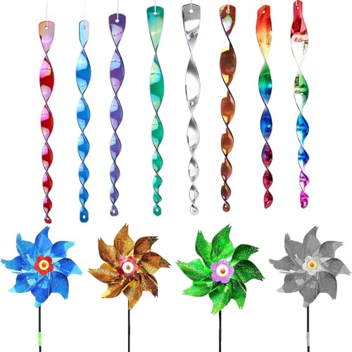 AYNKH Set of 12 Windmill Bird and Pigeon Repellers, Reflective Wind Turbine, Bird and Pigeon Repellers for Balconies, Gardens, Orchards, Patio, Roofs (Green Blue Silver Gold, Diameter 24cm)