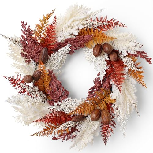 WILLIATA Autumn Wreath for Front Door, 24 Inch Artificial Outdoor Wreath with Pampas Grass, Fern, Faux Berries & Natural Fruit – Large Boho Farmhouse Autumnal Wall & Harvest Decor