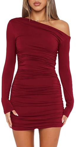 ELFIN Robe Moulante pour Femme Manches Longues Mini Robes Sexy à épaules dénudées plissée Dress Courte Cocktail fête Club Automne