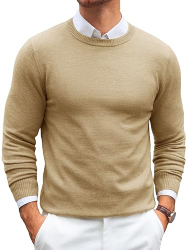 Runcati Herrtröja långärmad rund hals stickad tröja finstickad regular fit tröja lätt enfärgad basic herr tröja, kaki, M