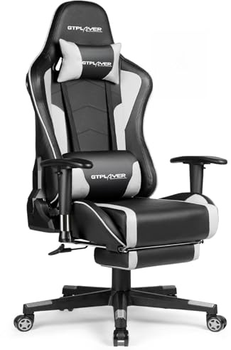 GTPLAYER Gaming Stuhl Gamer Stuhl mit Fußstütze Bluetooth Lautsprecher Ergonomischer Bürostuhl Computerstuhl Schreibtischstuhl PC Stuhl mit verstellbare Rückenlehne 200 kg Belastbarkeit weiß