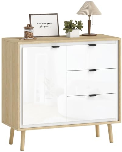 HOMCOM Aparador de 1 Puerta con 3 Cajones 80x35x77 cm Blanco Brillo y Roble