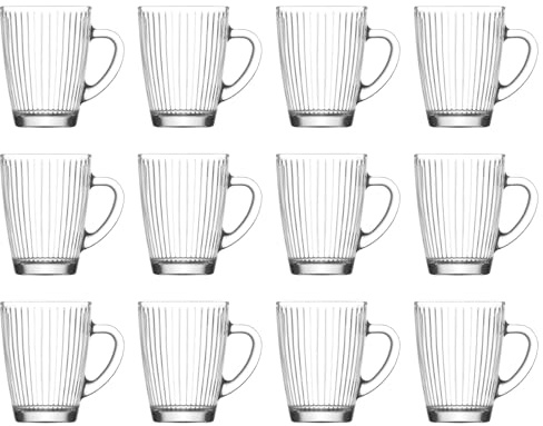LAV 400ml Hestia Glass Mugs - Clear - 12x Latte Tea Hot Chocolate Cappuccino Espresso Drinking Mugs Glasses Set with Handle