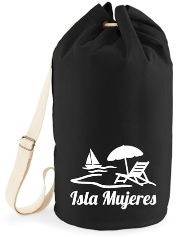 Huuraa Seesack Isla Mujeres Inselmotiv Mexiko Geschenk | Tasche 20 Liter Strandtasche Black Baumwolle Rucksack Geschenkidee Schwarze Sporttasche Duffle Bag mit Kordelzug Verschluss