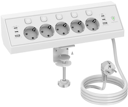 Regleta Enchufes Proteccion Sobretension, Toma de Mesa con USB C 20W, Regleta Escritorio 5 Tomas con Interruptores Individuales, Enchufes Multiple para Cocina Oficina, 1.8M Cable, Blanco