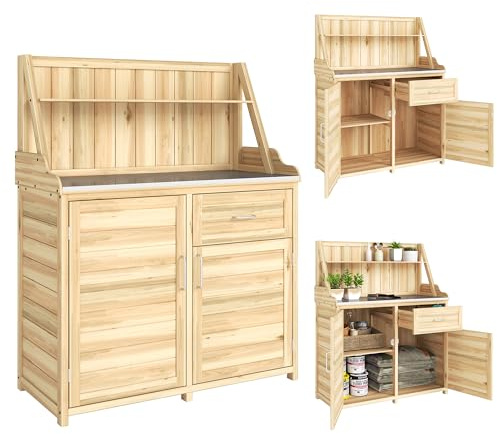 Outsunny Armoire de Jardin en Bois avec Plan de Travail en Métal Galvanisé - Table de Rempotage avec Tiroir et Étagère - Abri de Jardin Extérieur pour Terrasse Balcon, 100x45x129,5cm, Naturel