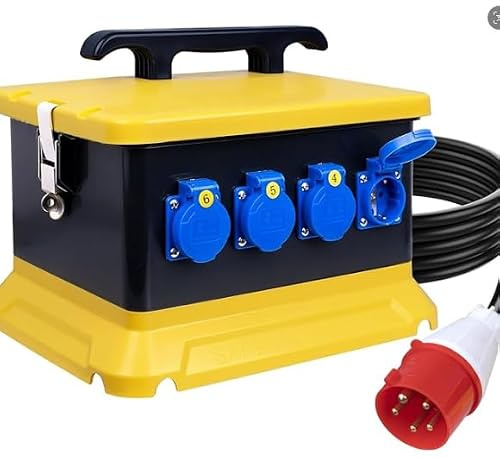 Cuadro de Distribución Eléctrica Industrial, Caja Electrica Resistente al Agua IP65 con Cable 3m para Montaje en Pared con 4 Tomas Schuko de 230V y 2 Tomas CEE de 16A 32A 5 Pines para Obras Talleres