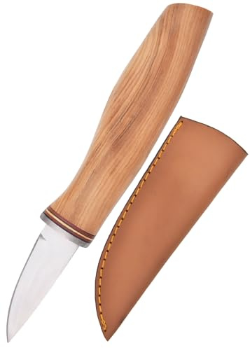 Battle-Merchant Coltello da intaglio con fodero in pelle in acciaio inox 440, manico in legno d'ulivo, coltello svedese, per adulti, principianti, da campeggio, per attività all'aperto