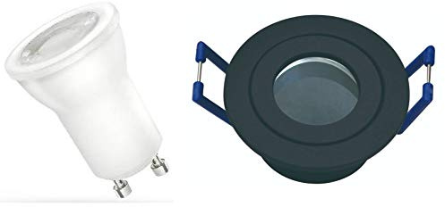 Licht-Idee 3 x Kleiner Led Feuchtraumeinbaustrahler IP44 Spot Lampe Deckeneinbauleuchte rund schwarz + 35mm MR11 Led GU10 neutralweiss für Deckeneinbau 230Volt Anschluß Einbautiefe 6cm