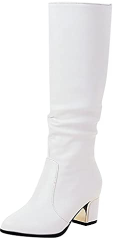 PAIDAXING Stivali da equitazione da donna al ginocchio in finta pelle con tacco a blocchi invernali, lunghezza al ginocchio, alla moda, taglia 3,5 – 7,5, bianco, 37 EU