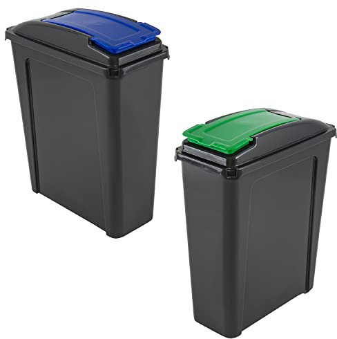 M1SS Set of 2-25L Litre Plastic Indoor Recycle Slimline Waste Bin with Lid for in the Home/Kitchen- Made in UK (Blue and Green)