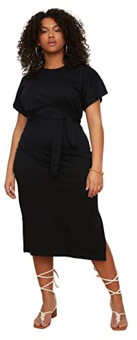 Trendyol Trendyol Women Plus Size Midi Jersey Dress Slim fit Knit Plus Size Dress, Trendyol Robe mi-Longue en Jersey Grande Taille pour Femmes Robe Coupe ajustée en Tricot Grande Taille Femme, Black,