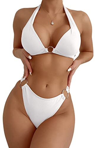 SweatyRocks Women's Ring Linked Halter Push Up Bikini Swimsuit High Stretch Bathing Suit Swimwear Set Swimming Suit Two Piece White S