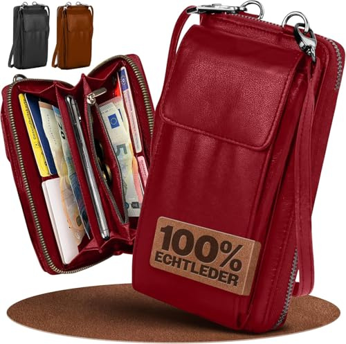FLEXIBILITE® Handytasche Zum Umhängen Mit Portemonnaie (Tasche 20×11×5 cm - Handyfach 17×9×3 cm) - Echt Leder Handy-Umhängetasche Damen - Handytasche Mit Geldbörse - 220 g - Rot [2026]