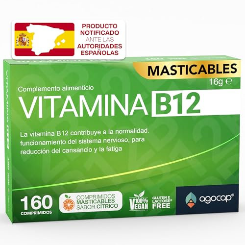 Vitamina B12 da 1000 mcg ad alto dosaggio | 160 microcompresse masticabili, gusto agrumi | Vitamina b vegan da cianocobalamina, supporto per energia fisica e mentale