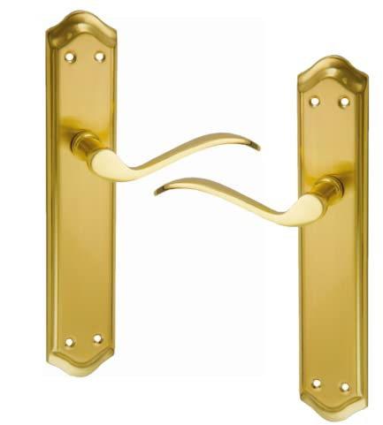 AZERODESIGN -Manillas Puertas Interior -Maneta Puerta Aluminio -Manilla Puerta Exterior -Manetas Puertas Interior Casa -Juego de Manivela con Placa Larga MARIOLA -Acabado de Latonado