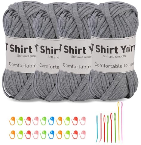 Doxiru 4er-Pack 100 g T-Shirt-Garn-Set, Garn zum Stricken, Stoff, Strickgarn, Baumwollgarn, Häkelgarn-Set zum Stricken, Häkelgarn, Webzubehör (graue Farbe)