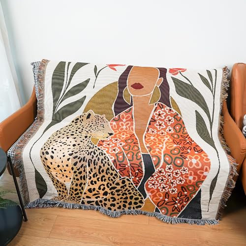 LumiSyne Double-Sided Cotton Woven Throw Blanket With Tassel Jungle Bohemian Style Tapestry Shawl Multi-Function Decorative Throws For Sofa Bed Armchair Camping Blanket Tablecloth Carpet 160x130cm