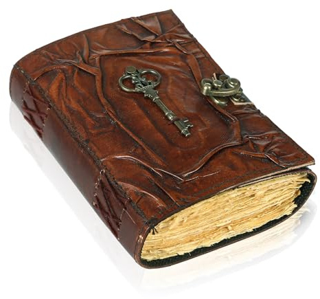 TUZECH Libro de hechizos encuadernado en cuero, diario con borde de cubierta, papel con estampado de grimorio, cuaderno gótico en espiral, cuaderno vintage antiguo para hombres y mujeres (La llave)