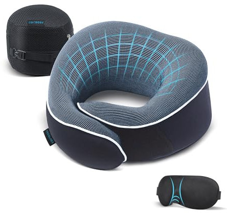 Proglobe Almohada de Viaje, Juego de Almohada de Espuma viscoelástica, Almohada ortopédica, artículos Esenciales de Viaje para Volar, Kit con máscara para Dormir contorneada 3D