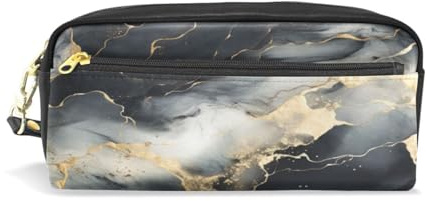 LINNIKEEEE Abstrakter Schwarzer Marmor Federmäppchen aus Leder,Mäppchen Schlamperbox Stifttasche,Make-up-Tasche,Organizer für Jungen Mädchen