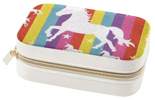 Eslifey Tragbare Mini-Schmuckschatulle für unterwegs, Samt, für Schmuck, Ringorganizer, Einhorn, buntes Regenbogen-Streifenmuster