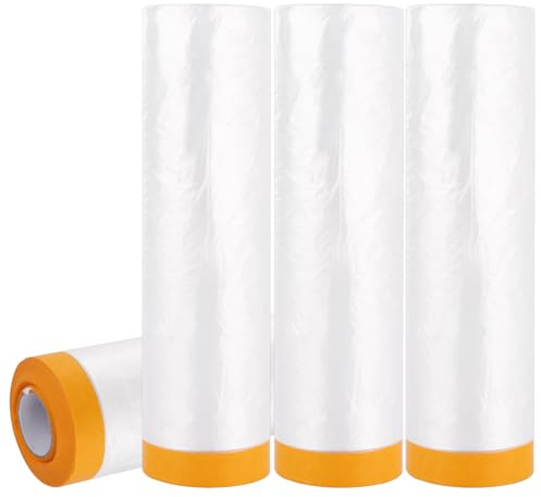 APACALI 4 Rolls Plastic Dust Sheets Roll, 3m x 20m Pre Taped Masking Film, Self Adhesive Dust Sheet Roll, Waterproof Masking Film Roll for Painting Furniture Decorating Floor