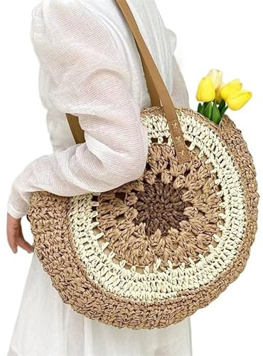 HESHUYAN Strohtasche Stroh Häkeln Runde Schulter Frauen Tasche Strand Modische Einfache Freizeit Reise Handtasche Totes Runde Strohtasche(Brown)