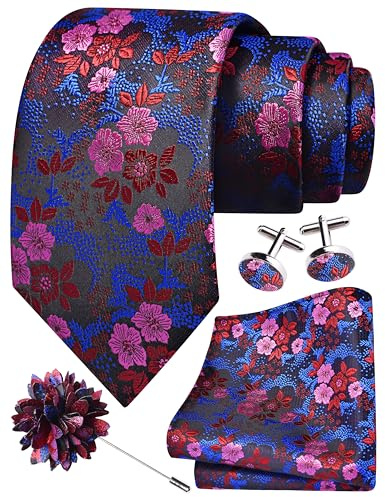 Gusleson Pink Red Blue Tie for Men Wedding Silk Floral Necktie Pocket Square Cufflinks and Lapel Pin Brooch Set (UK6107-37)