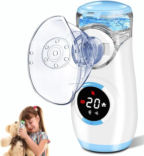 Aerosol Portatile Silenzioso con Digitaler Anzeige, Macchina Aerosol per Adulti Bambini con Boccaglio e Maschera, per Malattie delle Vie Respiratorie Superiori e Inferiori (Blu)