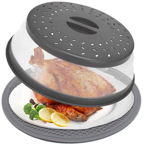 12“ Large Microwave Splatter Cover & Silicone Mat,12 Inchs Vented Collapsible Guard dish Plate lid & Round Kitchen mat for food