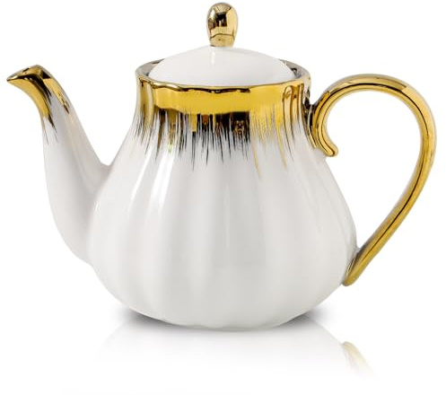 Teiera in ceramica, teiera in ceramica con infusore rimovibile in acciaio inox bianco con finiture dorate, teiera floreale, bollitori per tè e bustine di tè sfusi, caffè (850,5 g)