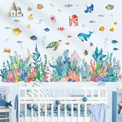 wondever Wandtattoo Unter dem Meer Seetang Wandsticker Fische Bordüre | Abziehen und Aufkleben, Abziehbar, Wandaufkleber Selbstklebend für Kinderzimmer Babyzimmer Schlafzimmer Wanddeko