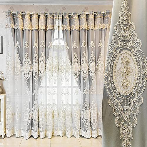 Amidoudou europäische, doppellagige Vorhänge für Wohnzimmer, Schlafzimmer, luxuriös, mit 3D-Blumen bestickte Vorhänge mit Volant, 1 Paar, (Grau, 132,1 × 241,3 cm)