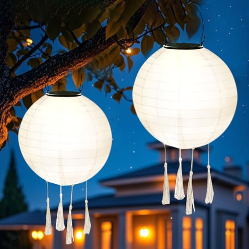 Farolillos solares para exteriores, 2 unidades de 25 cm, farolillos solares para exteriores, resistentes a la intemperie, resistentes al agua, tela colgante, farolillo de jardín, iluminación solar