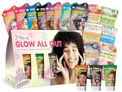 7th Heaven Glow All Out 17-Piece Skincare Gift Set - Includes Tube, Mud, Cream, Sheet and Peel Off Face Masks