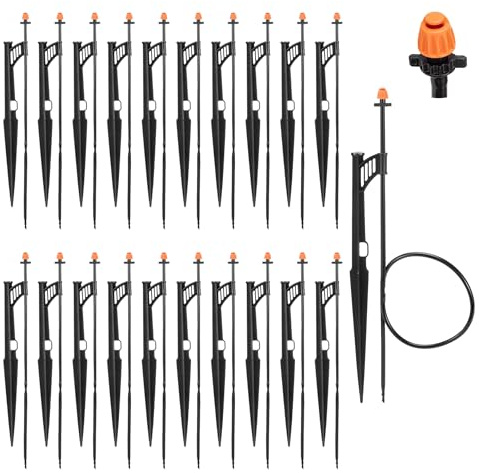 FULAIERGD 20 Sets 180 Degree Irrigation Sprinkler Heads with Stake Drip Micro Spray Emitters with 1/4 Irrigation Tubing on Riser Stake Micro Spray Sprinkler Stake Assembly for Garden Watering System