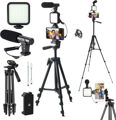 Youtube Kit de vlogging, pour iPhone/téléphone Android/appareils Photo Support de téléphone pour Enregistrement vidéo, avec trépied/Microphone/lumière d'appoint/télécommande de Capture (SPN-PS-01)