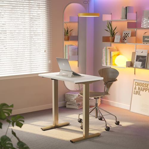 HUANUO 80 x 48cm Bureau Assis Debout Électrique, Réglable en Hauteur, 4 Positions Mémorisées, pour Travail à Domicile et Ordinateur, Cadre Blanc et Or