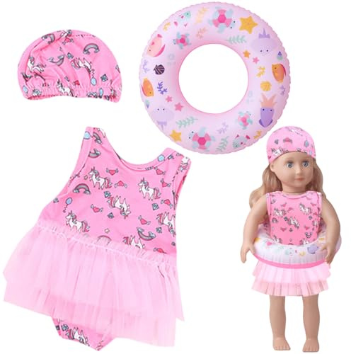 TYXHXTF 3 teilig Schwimmset für Puppen, Sommer Einhorn Puppenkleidung, Badeanzug Set mit Schwimmring Hut, Kleidung Outfits für 18 Zoll Puppen