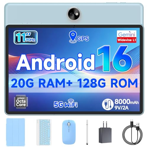 PEICHENG Tablet 11inch Android 15 Octa-core Processor, RAM 20GB(8+12Expand)+ROM 128GB, 6000mAh 9V/2A Quick Charge, 5MP+13MP Dual Cameras, Sky Blue (Tablet with case/Mouse/Keyboard/Stylus​)