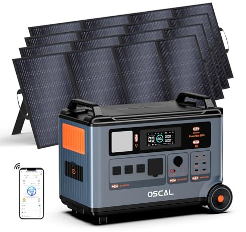 OSCAL PowerMax6000 Set Tragbare Powerstation mit 4×400W Solarpanel, 6000W Solargenerator, 230V Steckdosen mit max. 9000W Leistung, LFP Powerstation für Outdoor, Camping und Stromreserve
