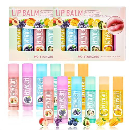 12PCS Fruchtiges Lippenbalsam Set - Lippenpflege Set - Feuchtigkeitsspendender Lip Balm & Lipgloss Set mit 6 Fruchtdüften - Lippenpflegestift für Trockene Lippen - Teenager Mädchen Geschenke