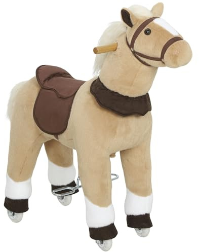 AIYAPLAY Cavallo a dondolo in peluche su ruote, animale a dondolo con sella e pettorina, per bambini dai 3 ai 5 anni, per uso interno esterno, carico max. 25 kg, marrone